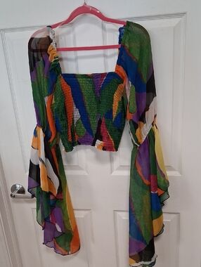 Smocked Multi-Color Bell Sleeve Crop Top - Green/Blue/Orange